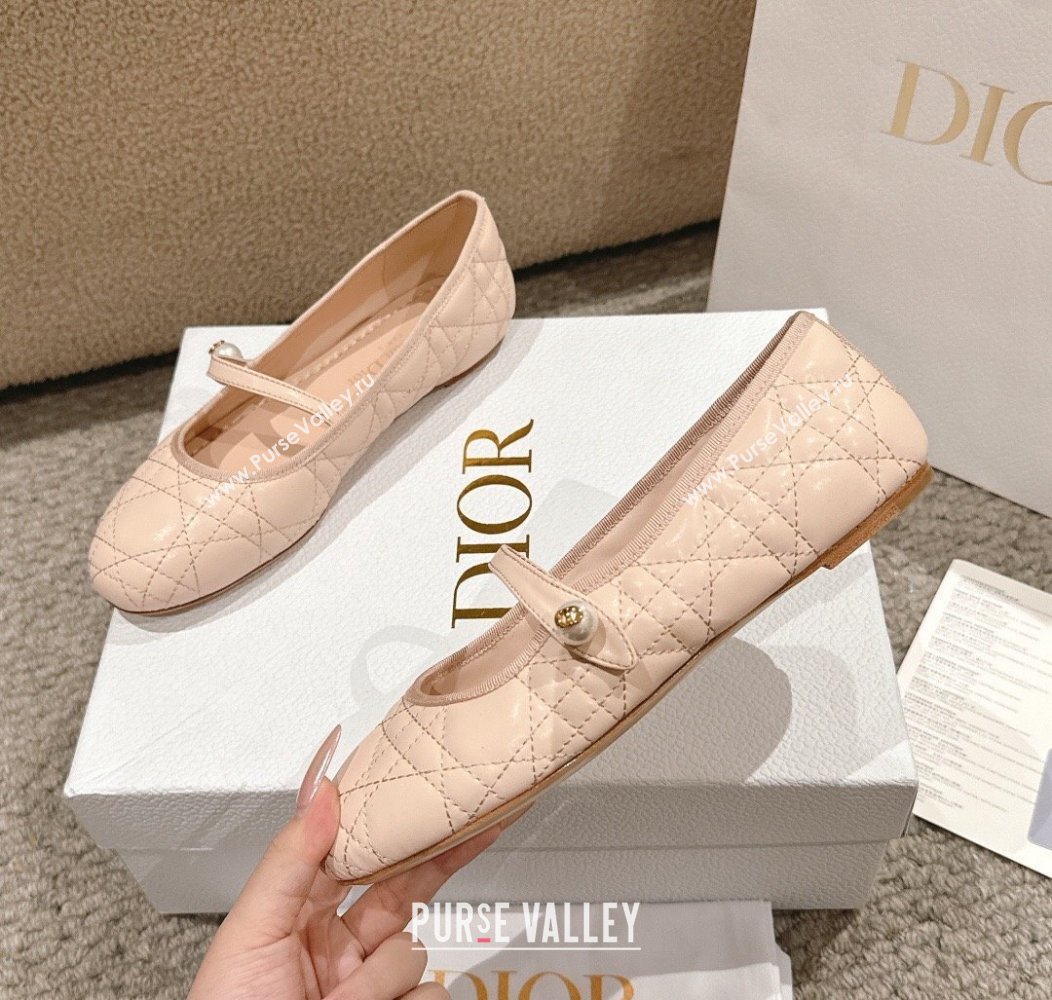 Dior Mary Janes Ballet Flats in Quilted Cannage Calfskin with Pearl Nude Pink 2024 12231 (MD-241231085)