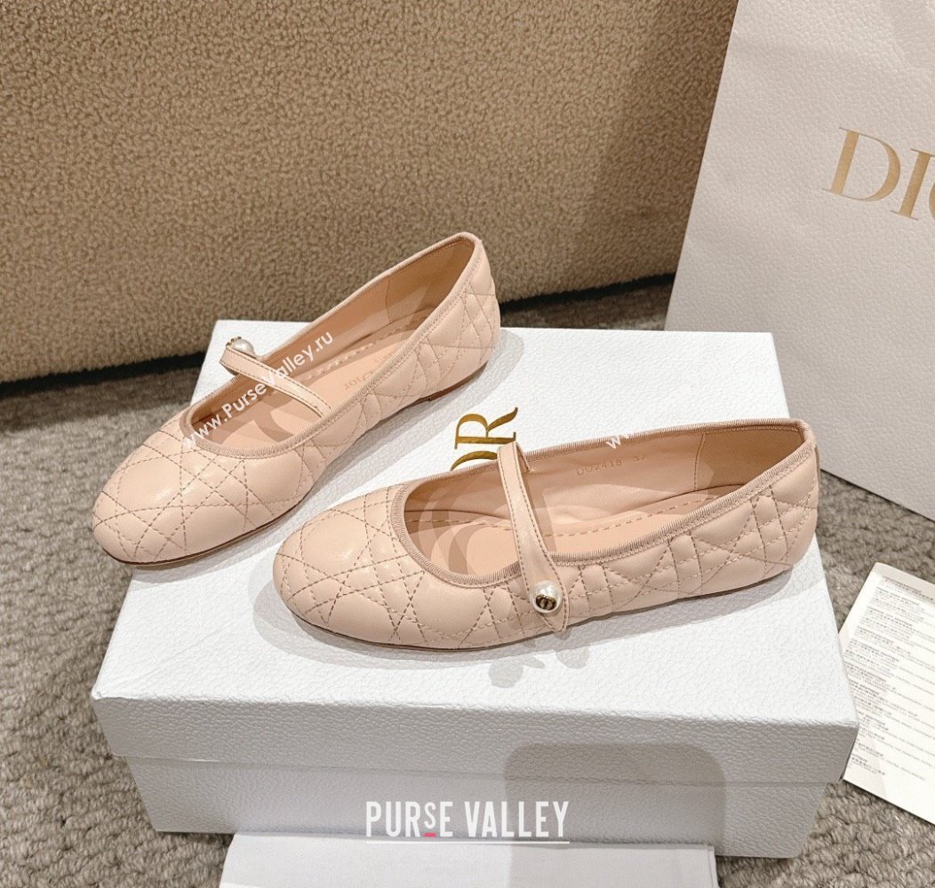 Dior Mary Janes Ballet Flats in Quilted Cannage Calfskin with Pearl Nude Pink 2024 12231 (MD-241231085)