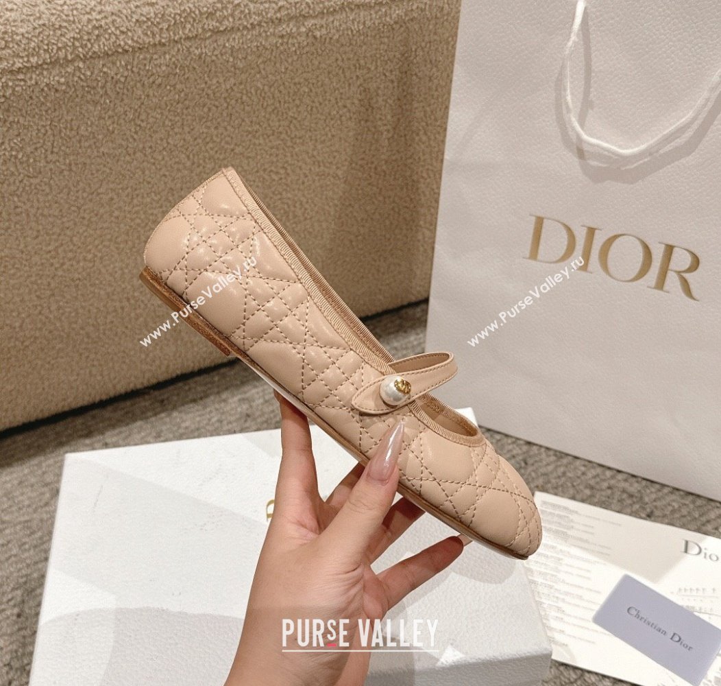 Dior Mary Janes Ballet Flats in Quilted Cannage Calfskin with Pearl Beige 2024 12231 (MD-241231086)