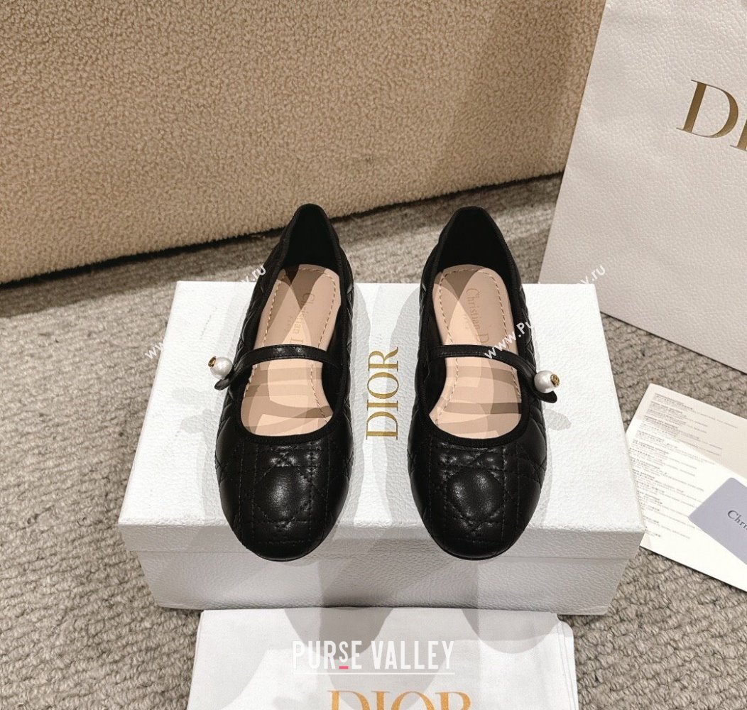 Dior Mary Janes Ballet Flats in Quilted Cannage Calfskin with Pearl Black 2024 12231 (MD-241231087)