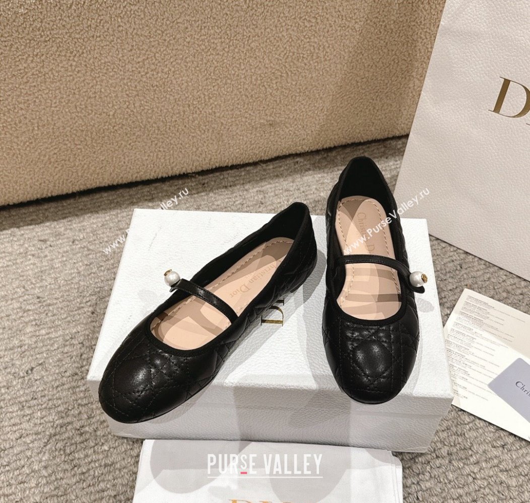 Dior Mary Janes Ballet Flats in Quilted Cannage Calfskin with Pearl Black 2024 12231 (MD-241231087)