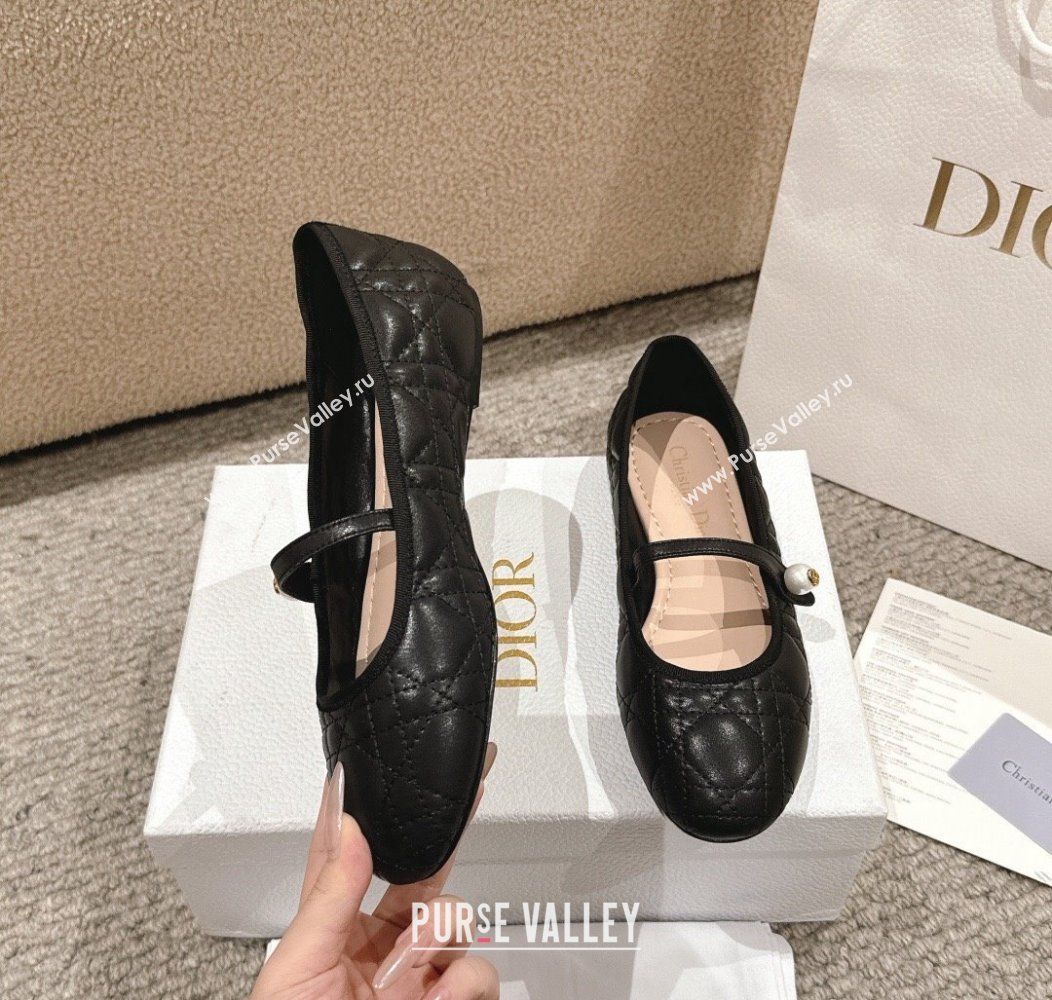 Dior Mary Janes Ballet Flats in Quilted Cannage Calfskin with Pearl Black 2024 12231 (MD-241231087)