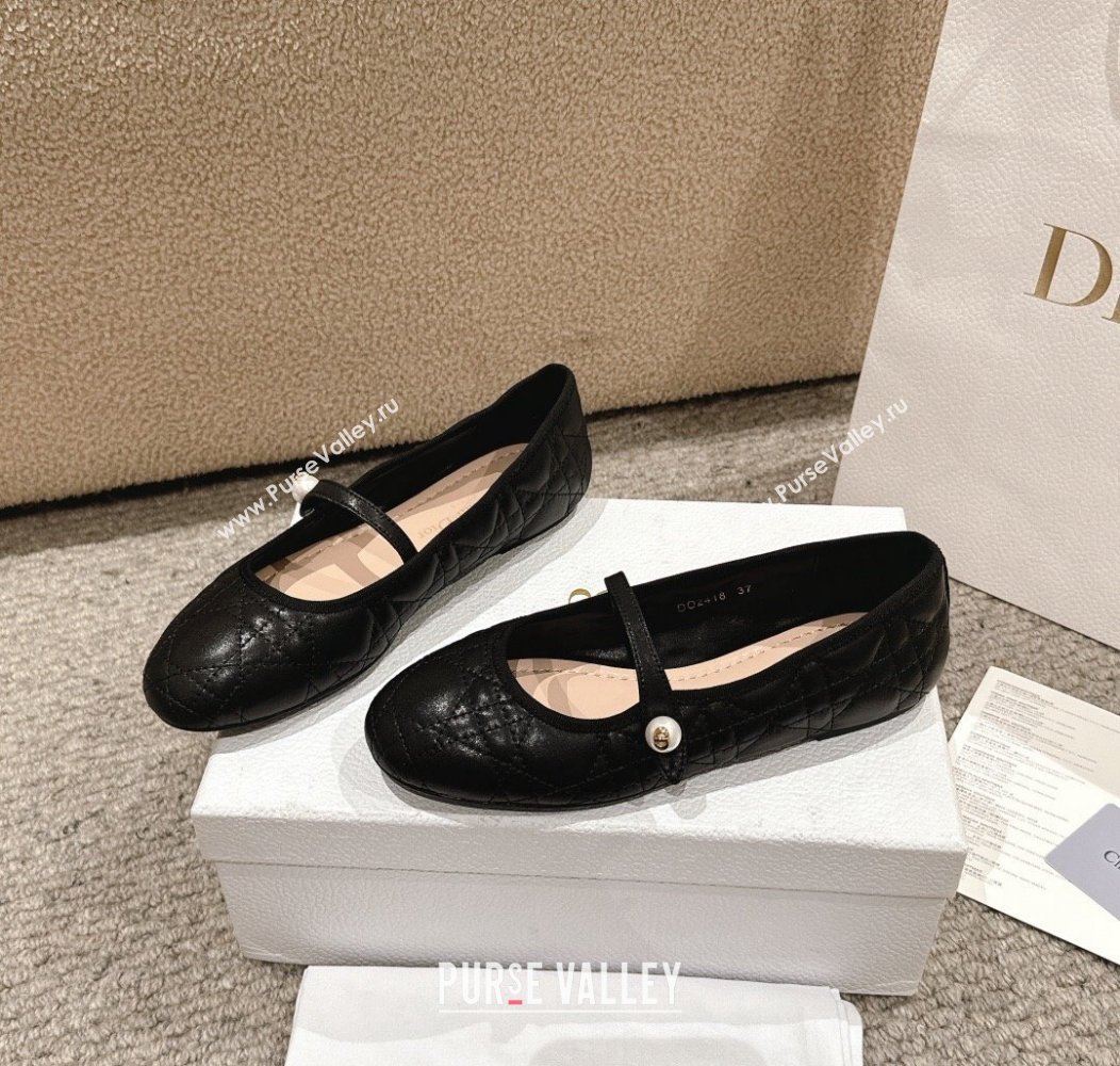 Dior Mary Janes Ballet Flats in Quilted Cannage Calfskin with Pearl Black 2024 12231 (MD-241231087)