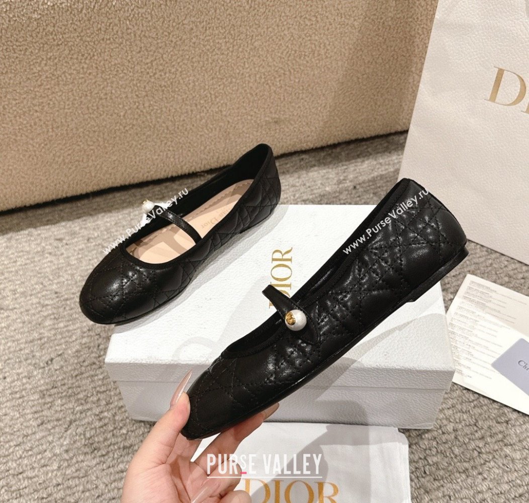 Dior Mary Janes Ballet Flats in Quilted Cannage Calfskin with Pearl Black 2024 12231 (MD-241231087)