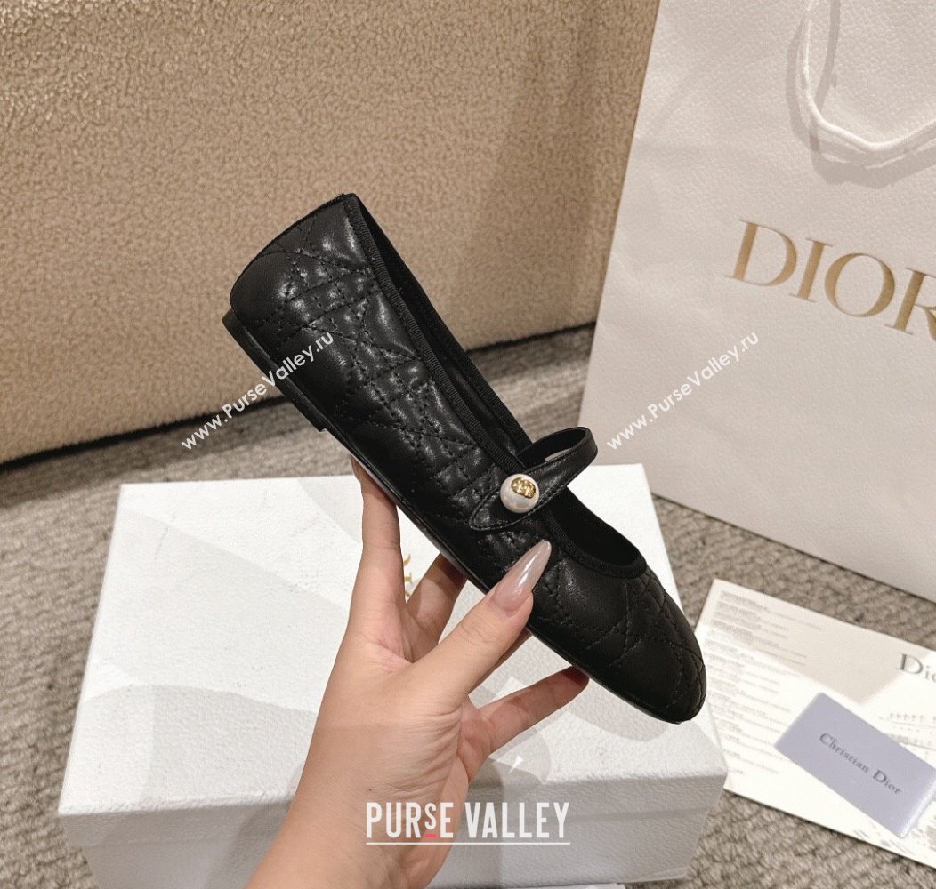 Dior Mary Janes Ballet Flats in Quilted Cannage Calfskin with Pearl Black 2024 12231 (MD-241231087)