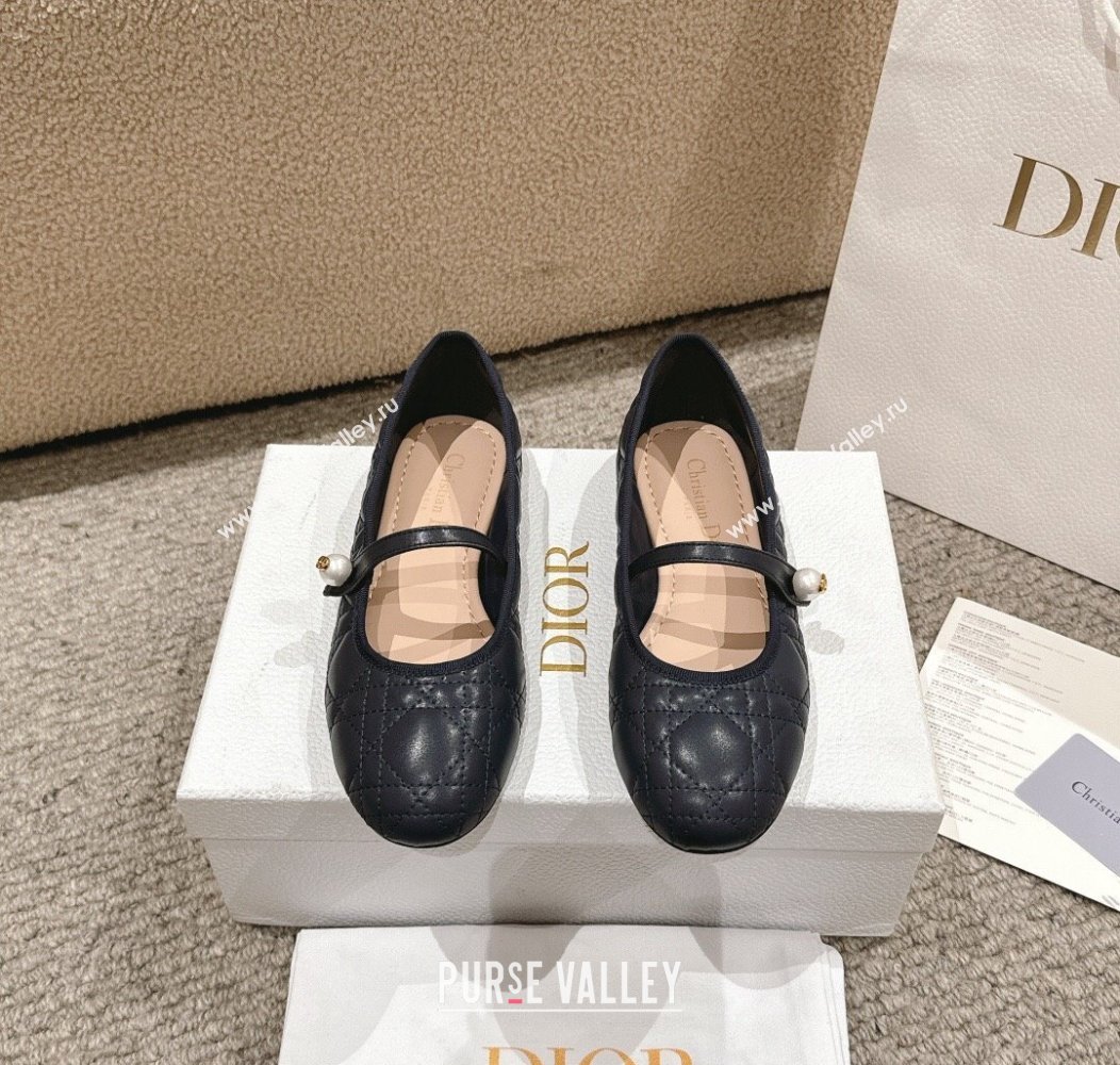 Dior Mary Janes Ballet Flats in Quilted Cannage Calfskin with Pearl Dark Blue 2024 12231 (MD-241231090)