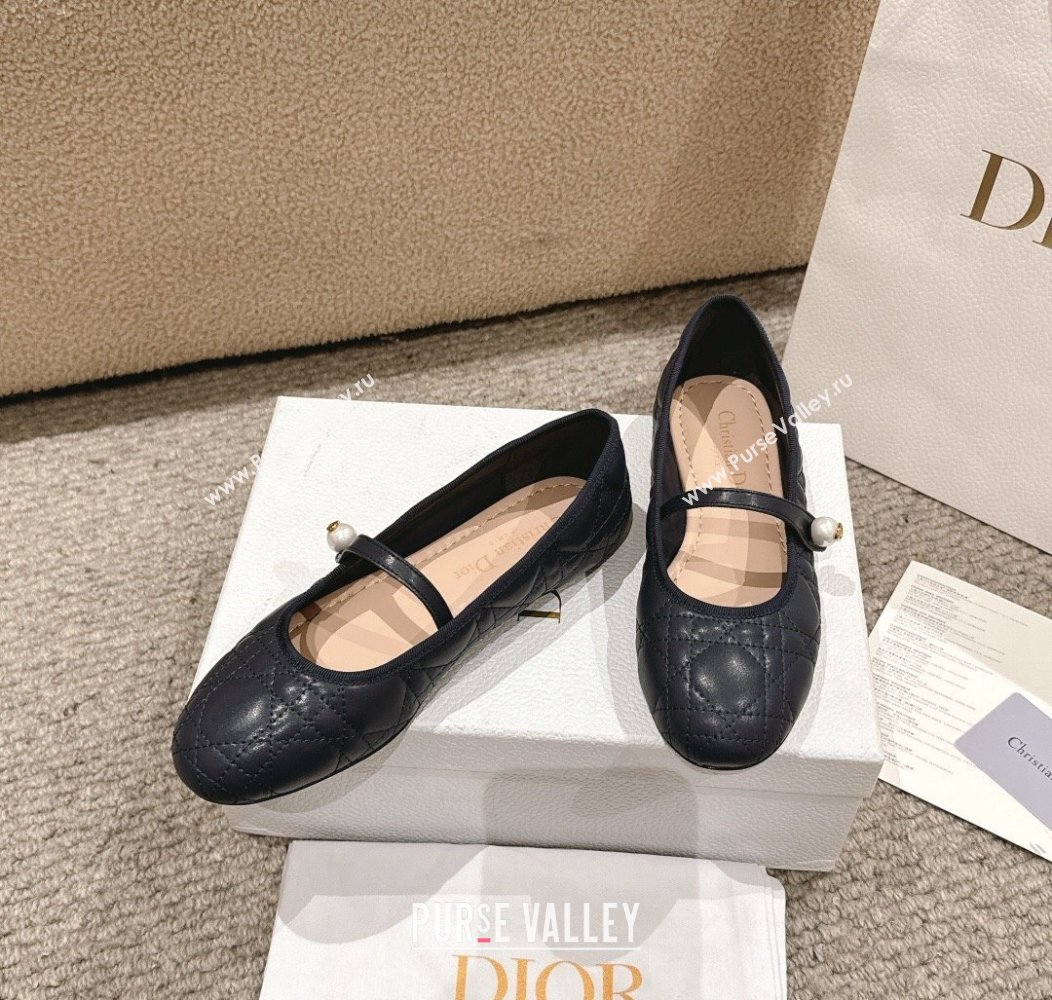 Dior Mary Janes Ballet Flats in Quilted Cannage Calfskin with Pearl Dark Blue 2024 12231 (MD-241231090)