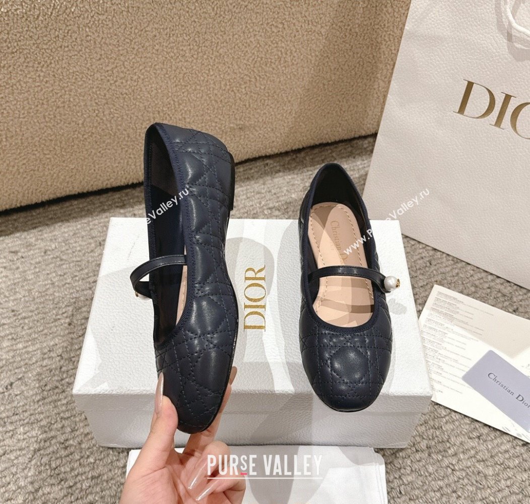 Dior Mary Janes Ballet Flats in Quilted Cannage Calfskin with Pearl Dark Blue 2024 12231 (MD-241231090)