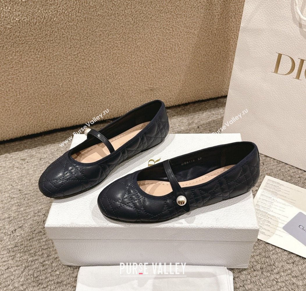 Dior Mary Janes Ballet Flats in Quilted Cannage Calfskin with Pearl Dark Blue 2024 12231 (MD-241231090)