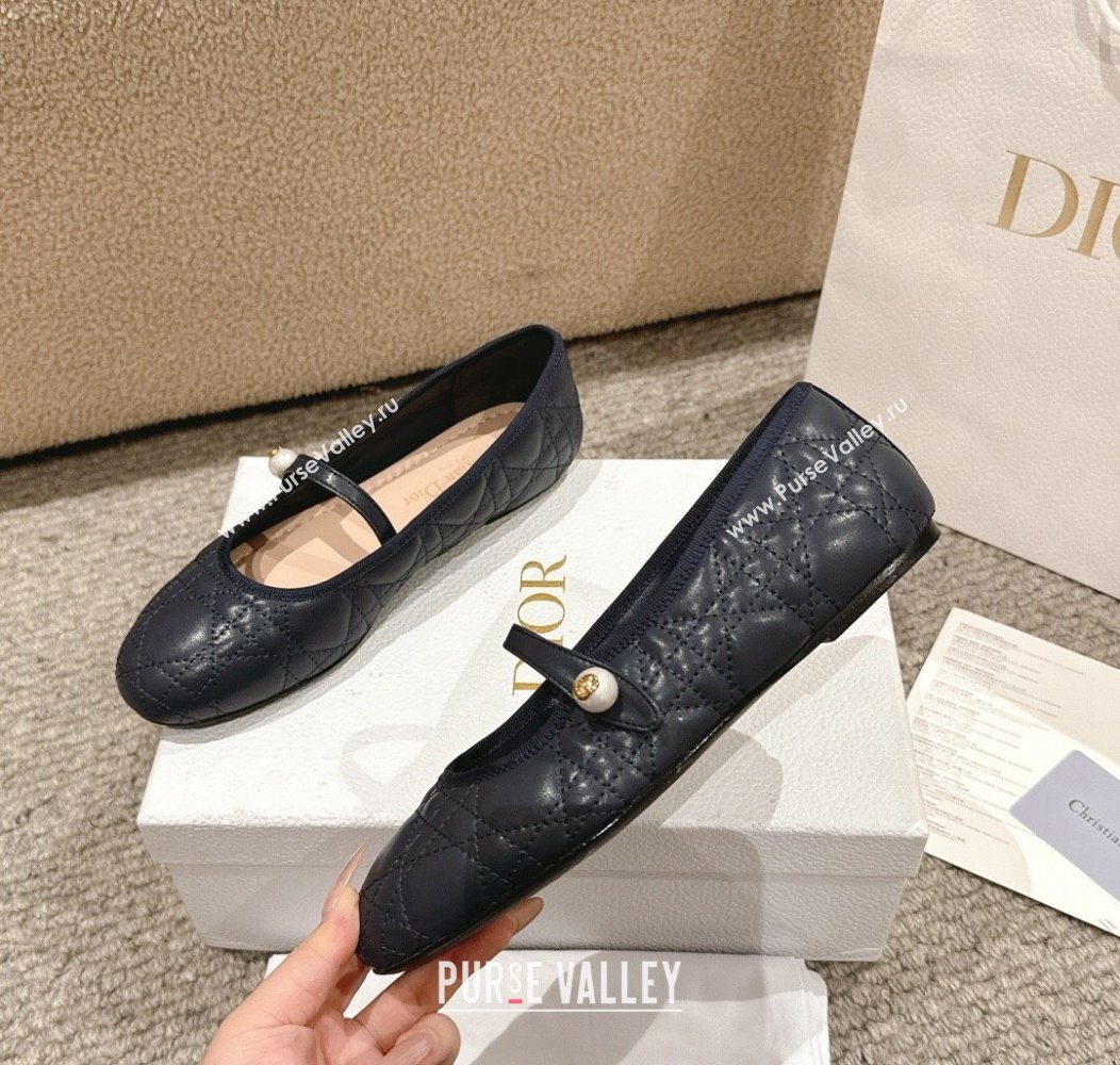 Dior Mary Janes Ballet Flats in Quilted Cannage Calfskin with Pearl Dark Blue 2024 12231 (MD-241231090)