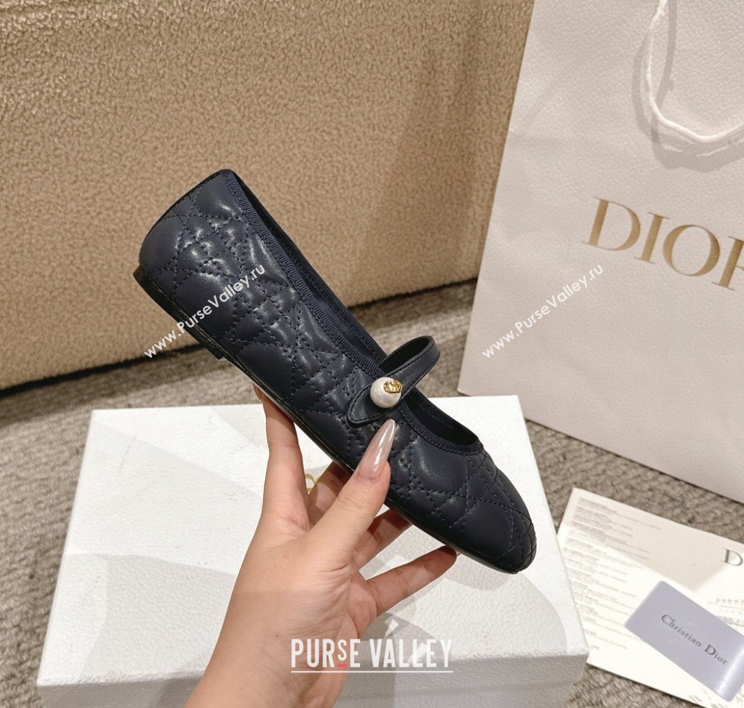 Dior Mary Janes Ballet Flats in Quilted Cannage Calfskin with Pearl Dark Blue 2024 12231 (MD-241231090)