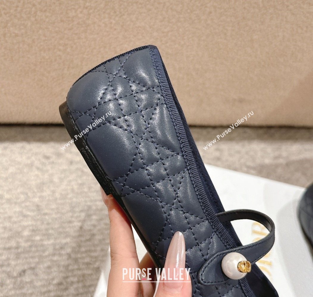 Dior Mary Janes Ballet Flats in Quilted Cannage Calfskin with Pearl Dark Blue 2024 12231 (MD-241231090)