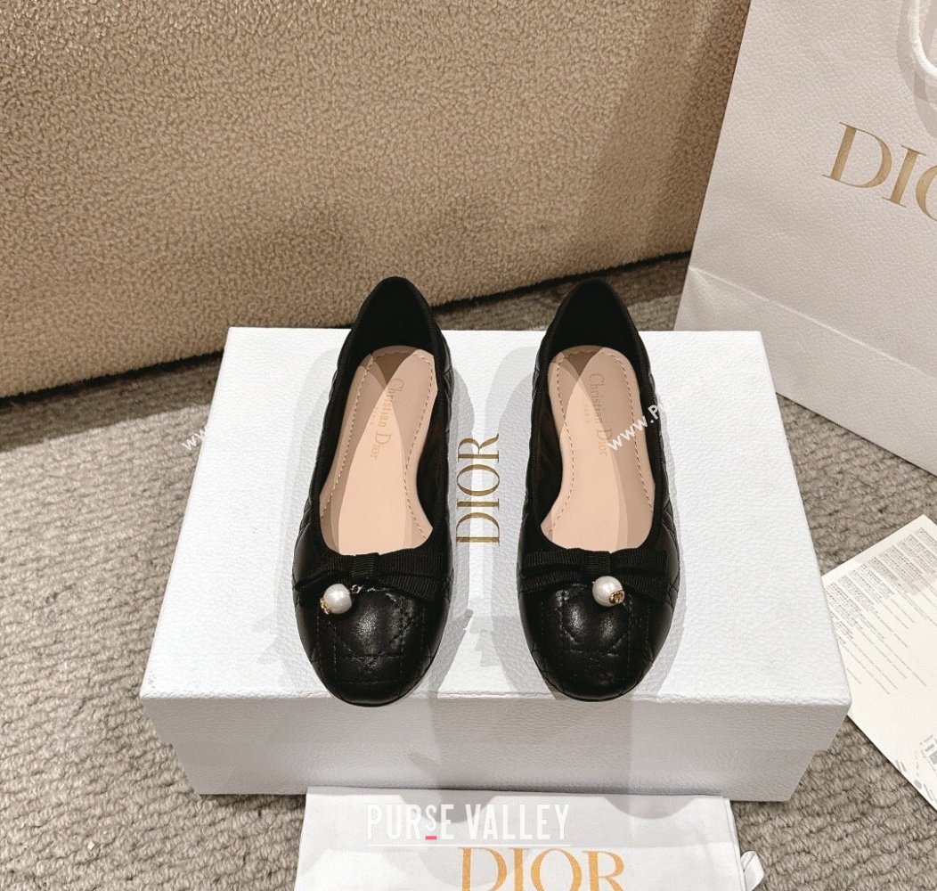 Dior Ballet Flat in Quilted Cannage Calfskin with Pearl Bow Black 2024 1231 (MD-241231092)