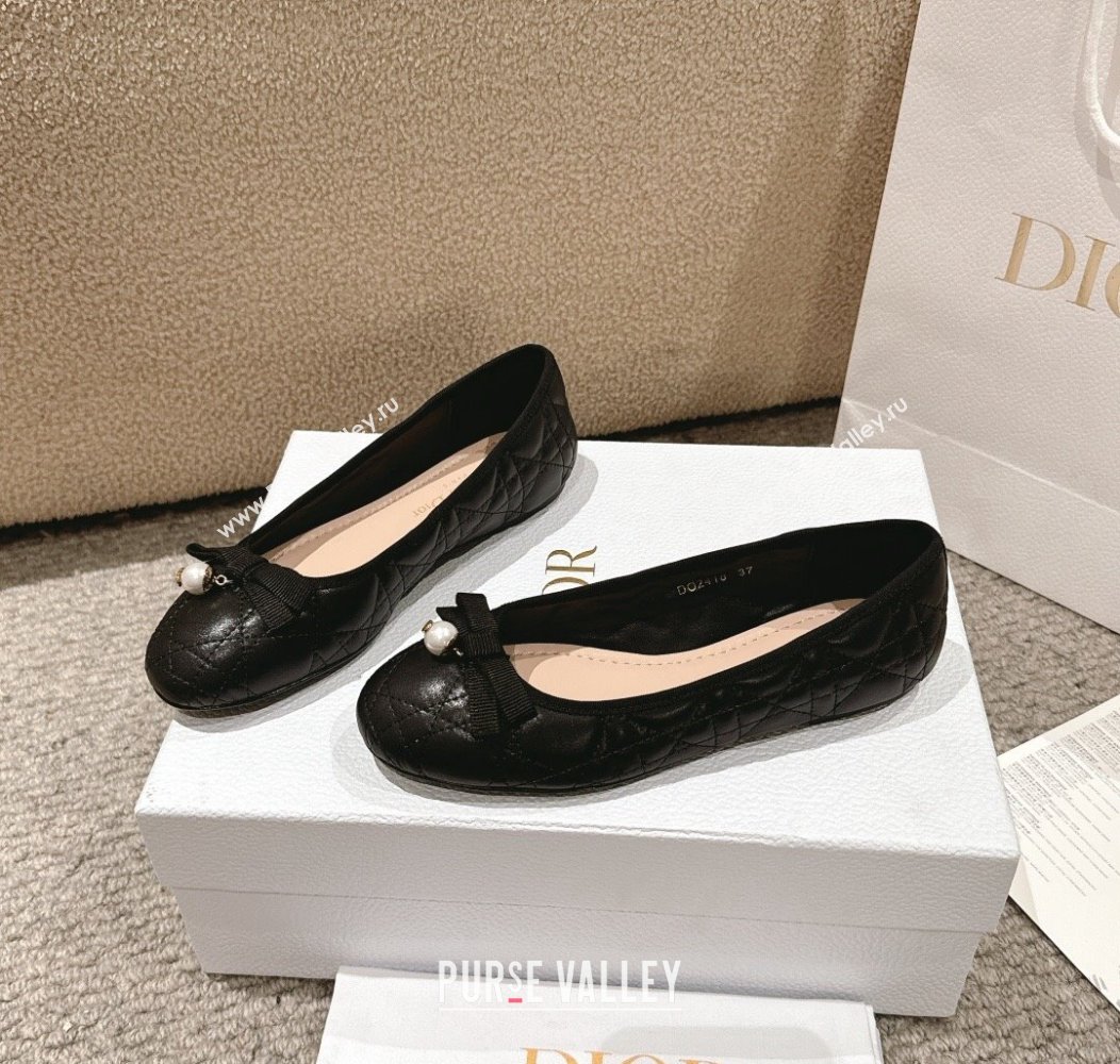 Dior Ballet Flat in Quilted Cannage Calfskin with Pearl Bow Black 2024 1231 (MD-241231092)