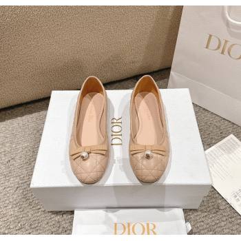 Dior Ballet Flat in Quilted Cannage Calfskin with Pearl Bow Beige 2024 1231 (MD-241231093)