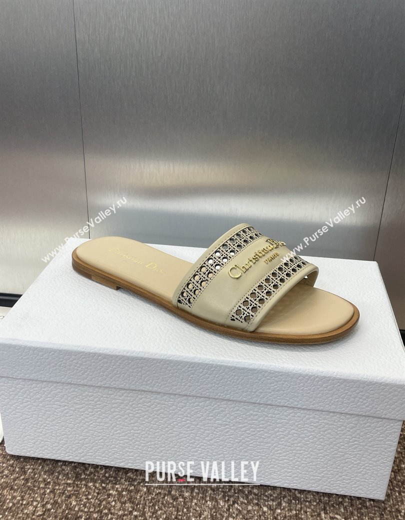 Dior D-Lane Flat Slides Sandal in Calfskin with Openwork Microcannage Motif Beige 2024 (JC-241231036)