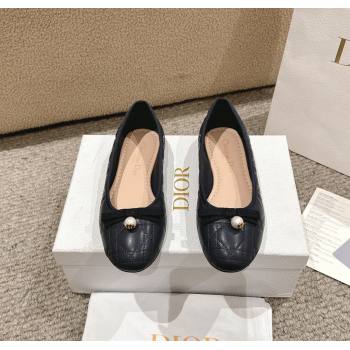 Dior Ballet Flat in Quilted Cannage Calfskin with Pearl Bow Dark Blue 2024 1231 (MD-241231094)