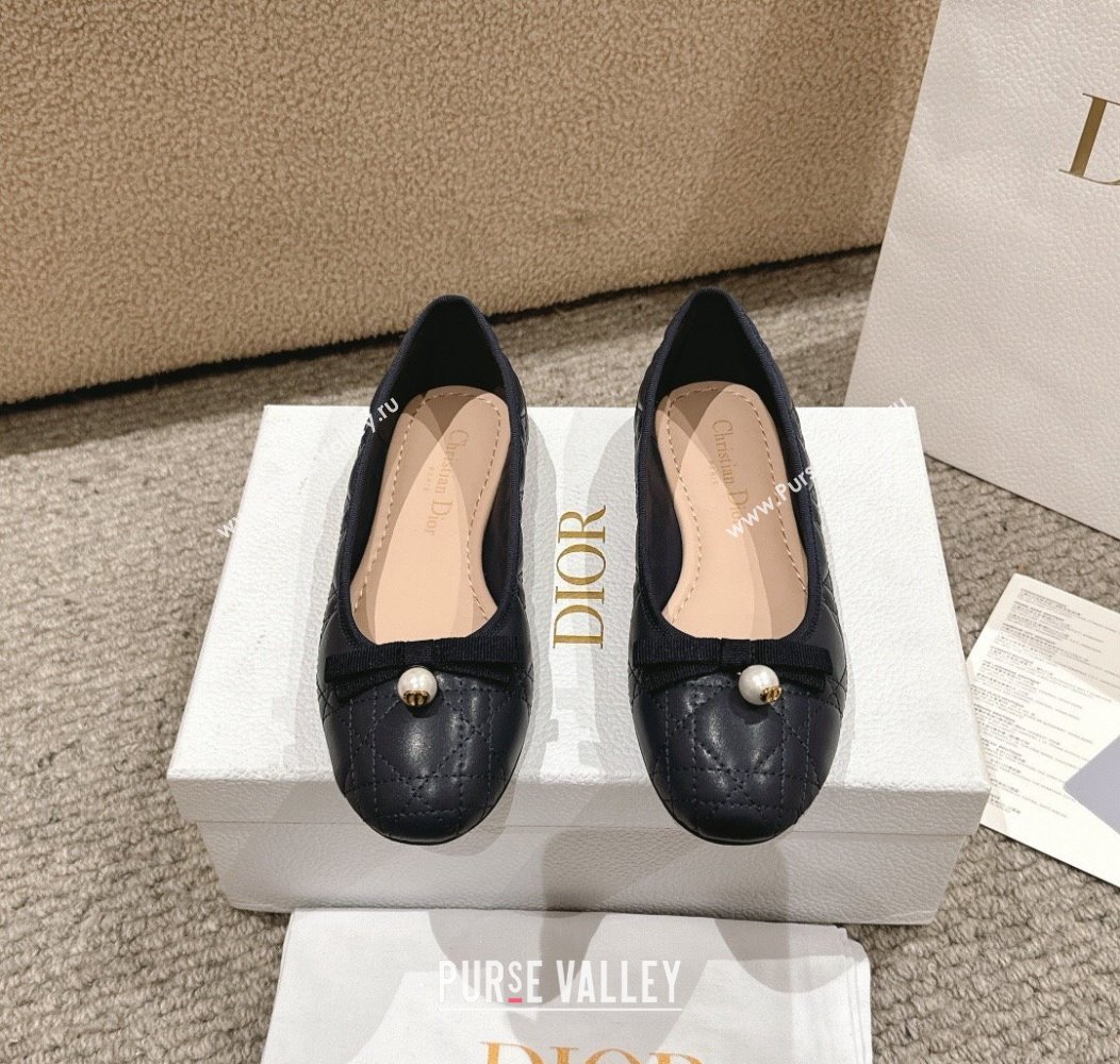 Dior Ballet Flat in Quilted Cannage Calfskin with Pearl Bow Dark Blue 2024 1231 (MD-241231094)