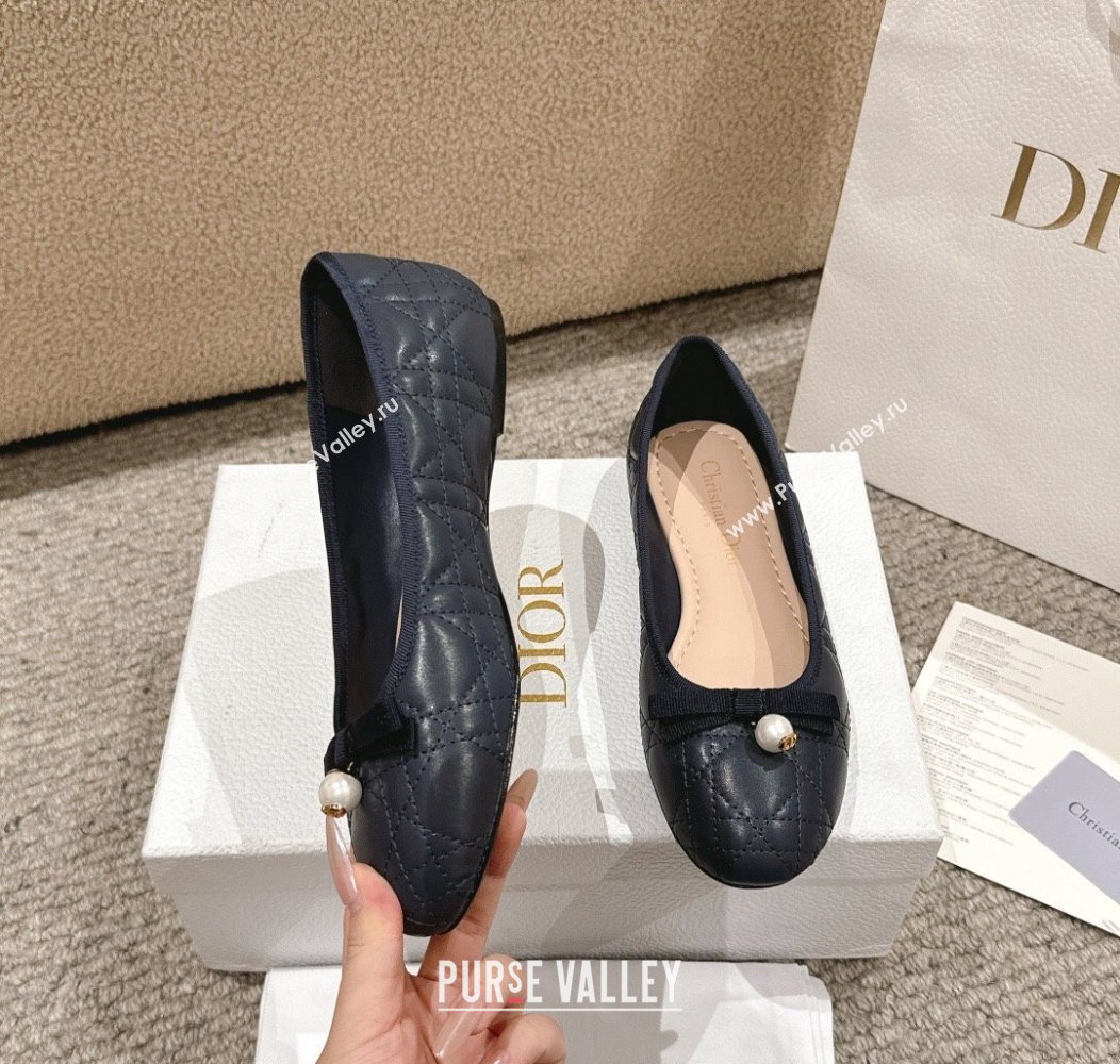 Dior Ballet Flat in Quilted Cannage Calfskin with Pearl Bow Dark Blue 2024 1231 (MD-241231094)