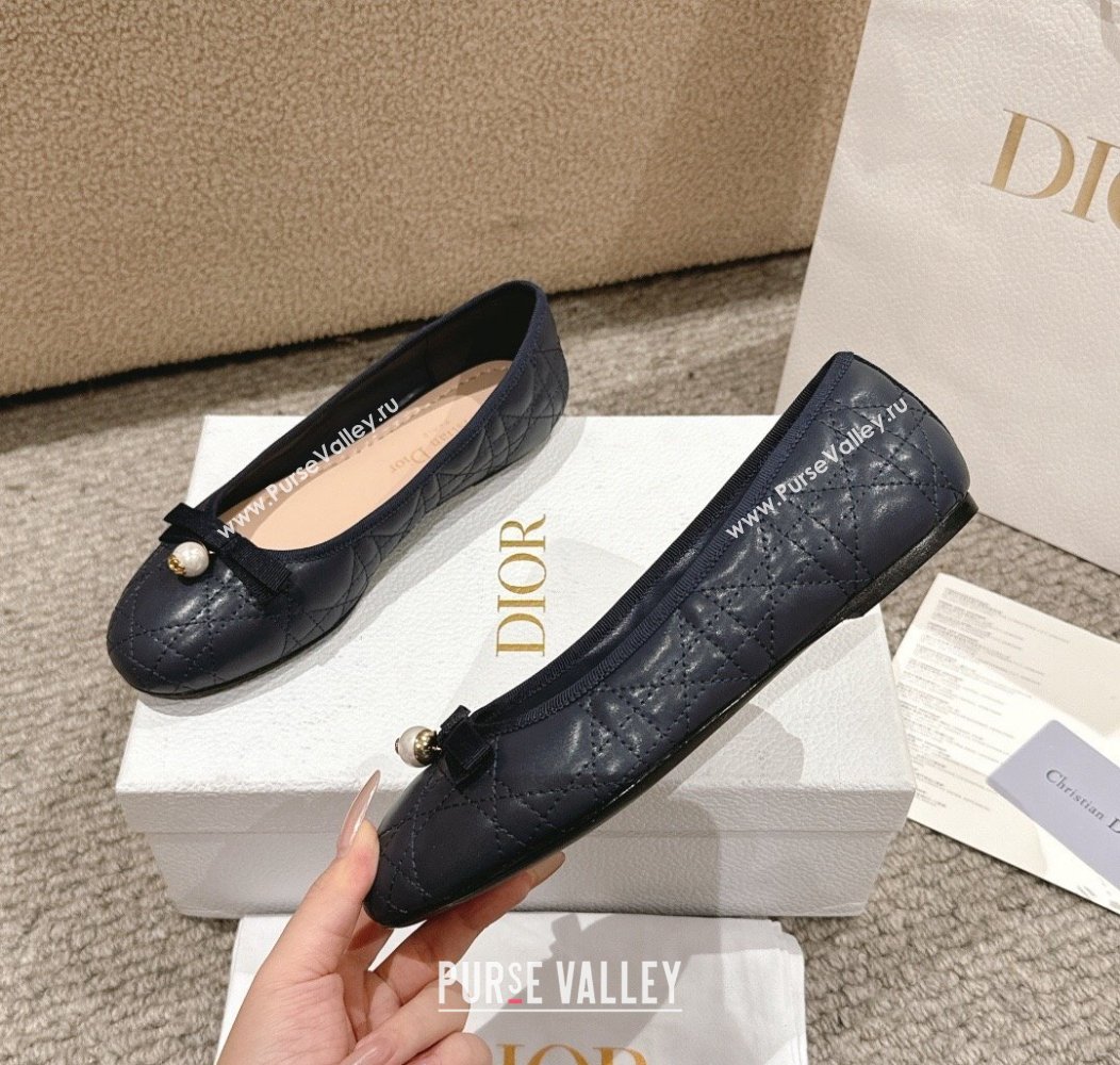 Dior Ballet Flat in Quilted Cannage Calfskin with Pearl Bow Dark Blue 2024 1231 (MD-241231094)