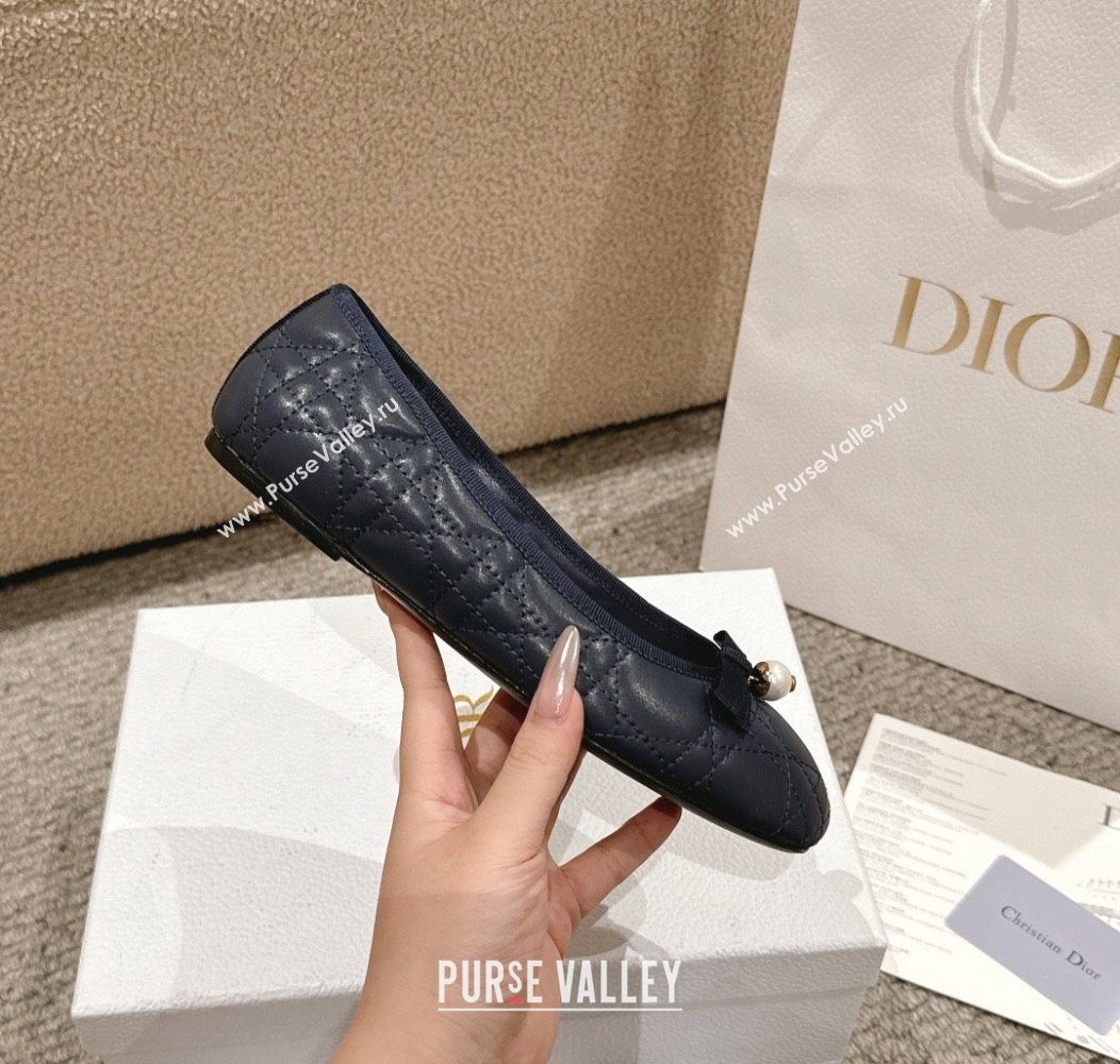 Dior Ballet Flat in Quilted Cannage Calfskin with Pearl Bow Dark Blue 2024 1231 (MD-241231094)