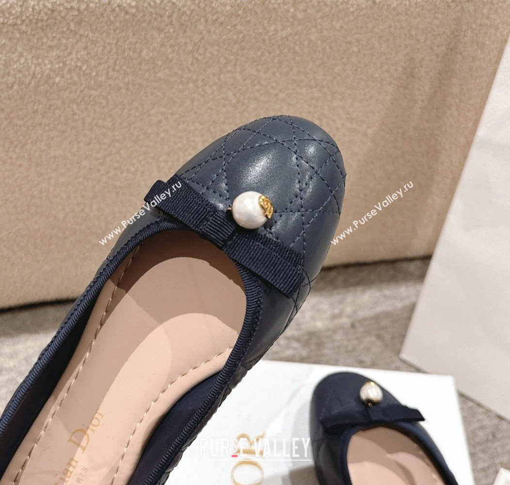 Dior Ballet Flat in Quilted Cannage Calfskin with Pearl Bow Dark Blue 2024 1231 (MD-241231094)