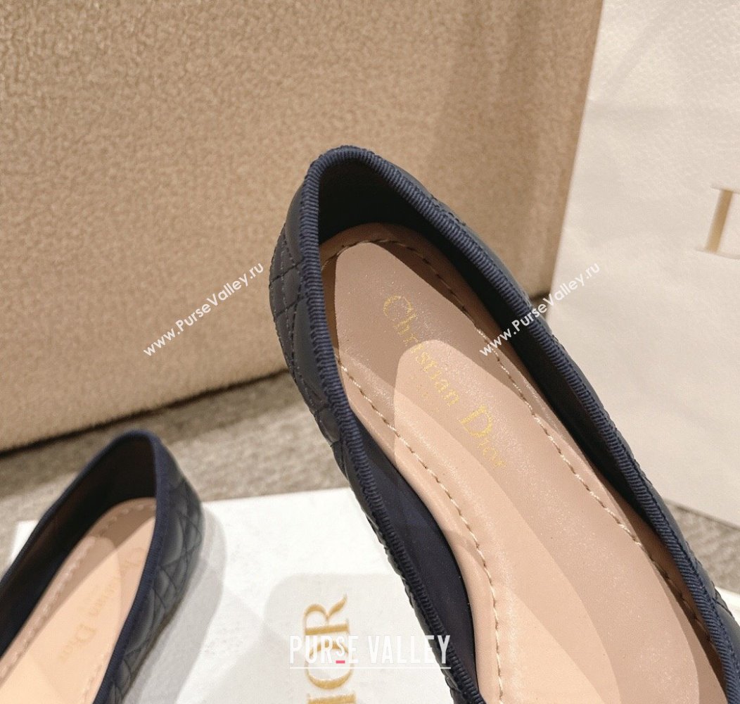 Dior Ballet Flat in Quilted Cannage Calfskin with Pearl Bow Dark Blue 2024 1231 (MD-241231094)