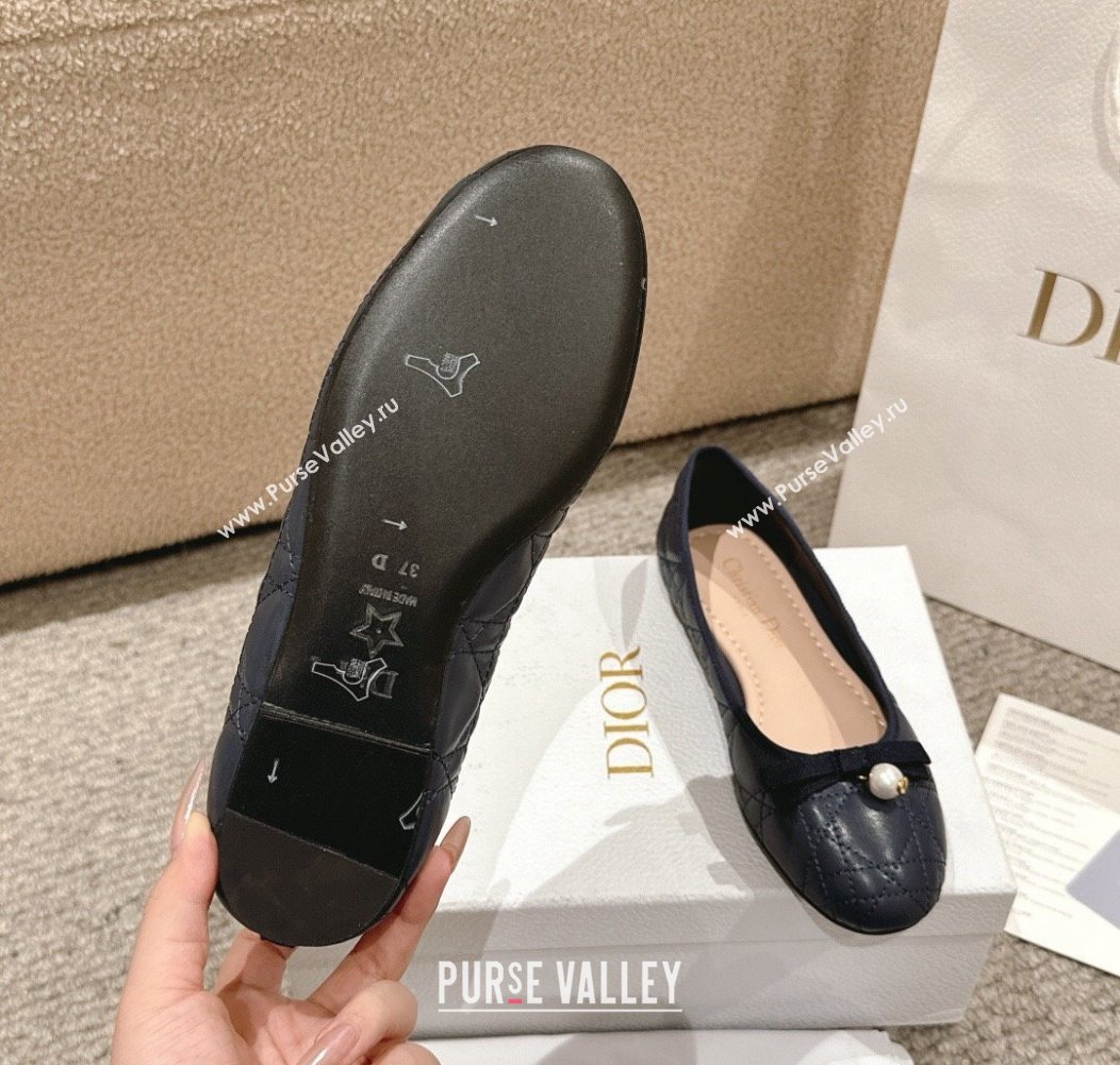 Dior Ballet Flat in Quilted Cannage Calfskin with Pearl Bow Dark Blue 2024 1231 (MD-241231094)