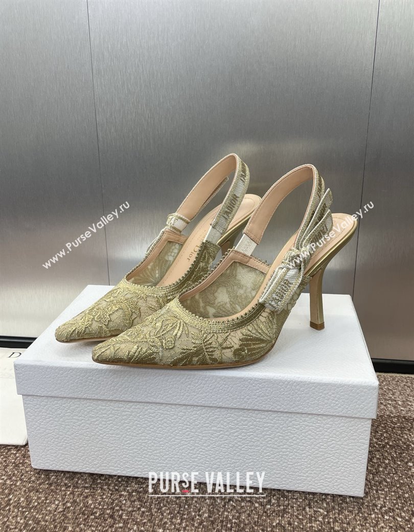 Dior JAdior Slingback Pumps 9.5cm in Transparent Mesh with Gold-Tone Chardons Embroidery 2024 (JC-241231037)