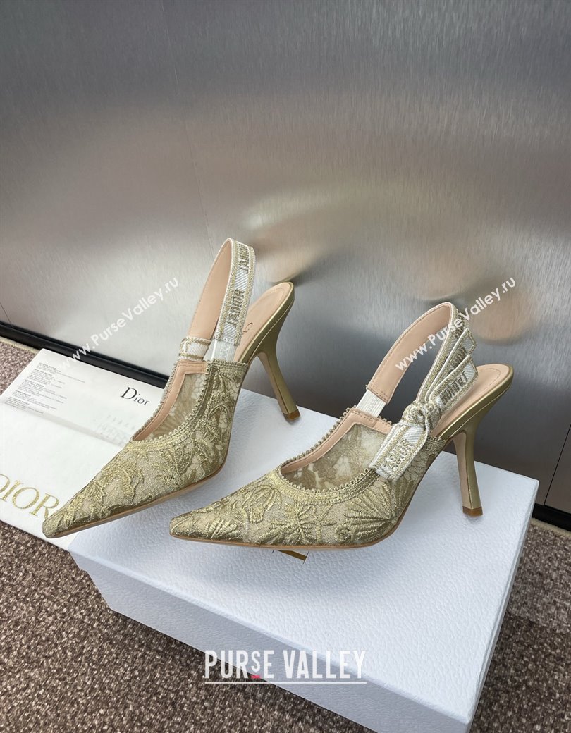 Dior JAdior Slingback Pumps 9.5cm in Transparent Mesh with Gold-Tone Chardons Embroidery 2024 (JC-241231037)