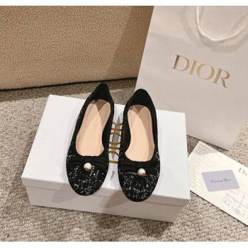 Dior Ballet Flat in Quilted Cannage Tweed with Pearl Bow Black 2024 1231 (MD-241231100)