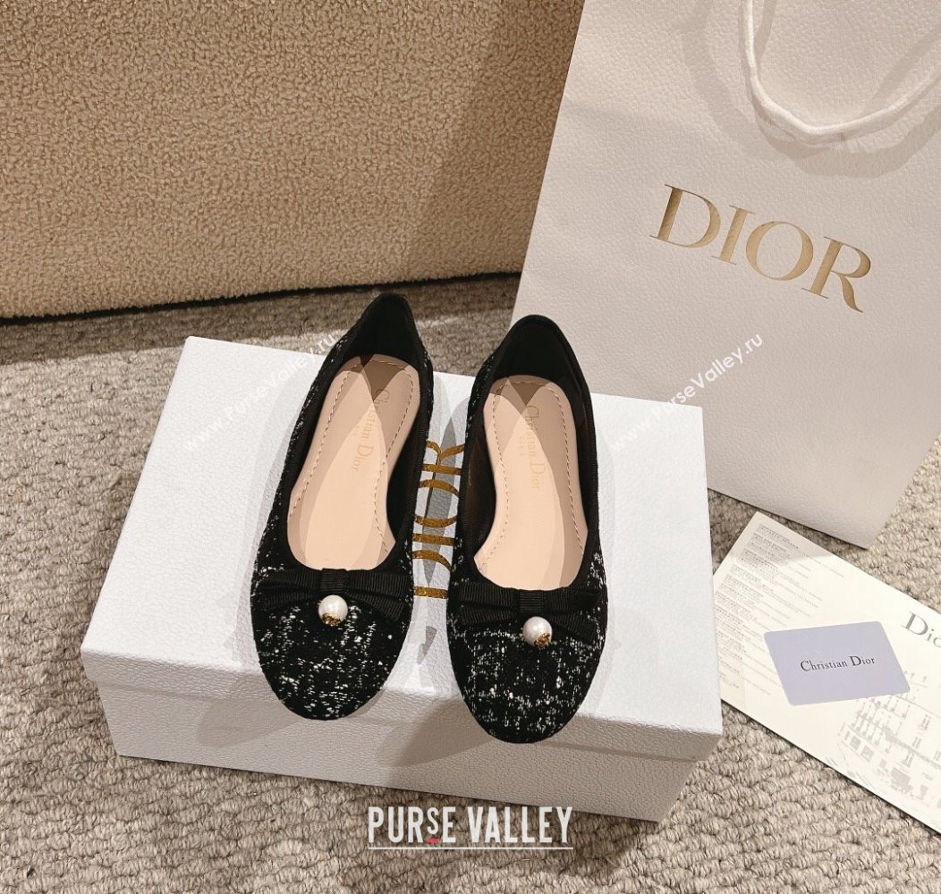 Dior Ballet Flat in Quilted Cannage Tweed with Pearl Bow Black 2024 1231 (MD-241231100)