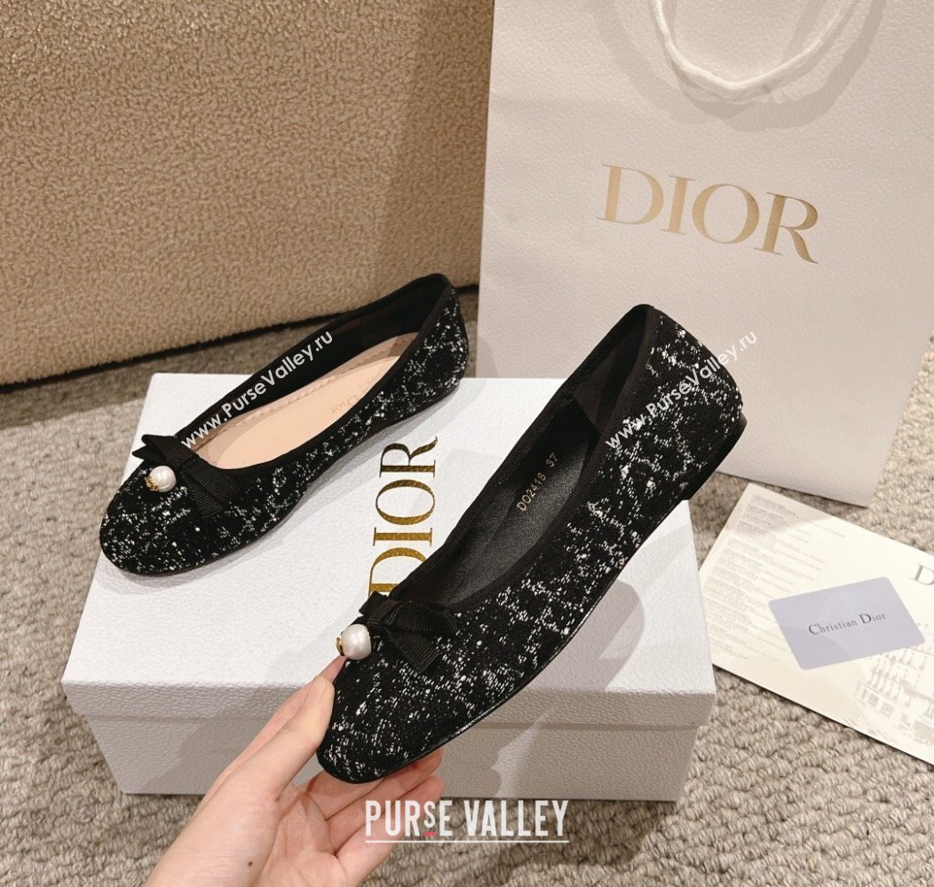 Dior Ballet Flat in Quilted Cannage Tweed with Pearl Bow Black 2024 1231 (MD-241231100)