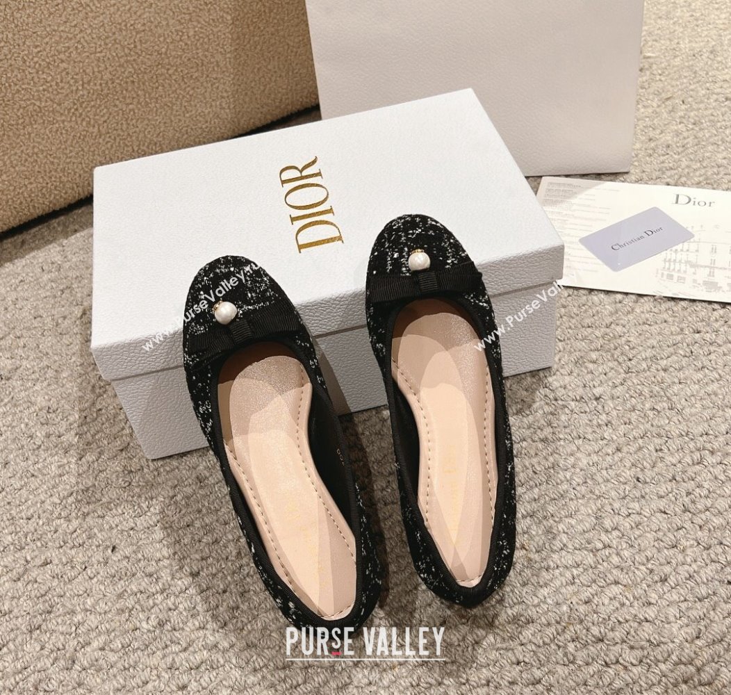 Dior Ballet Flat in Quilted Cannage Tweed with Pearl Bow Black 2024 1231 (MD-241231100)