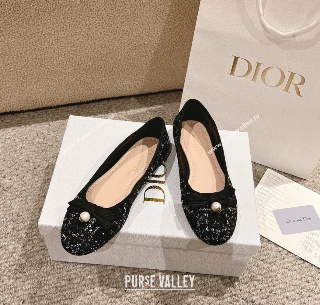 Dior Ballet Flat in Quilted Cannage Tweed with Pearl Bow Black 2024 1231 (MD-241231100)