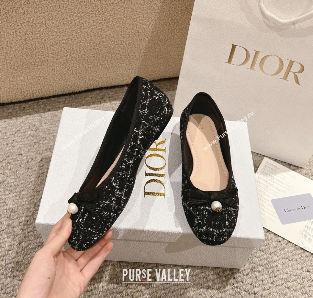 Dior Ballet Flat in Quilted Cannage Tweed with Pearl Bow Black 2024 1231 (MD-241231100)