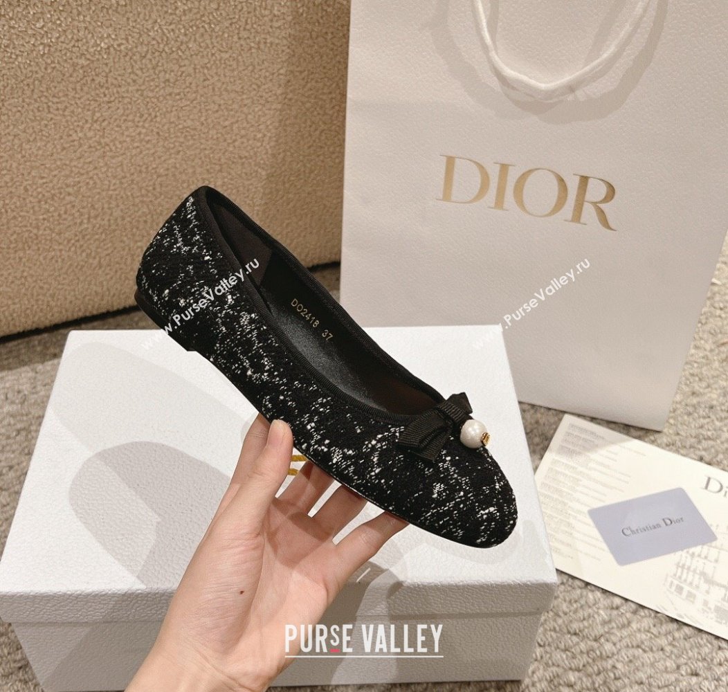 Dior Ballet Flat in Quilted Cannage Tweed with Pearl Bow Black 2024 1231 (MD-241231100)