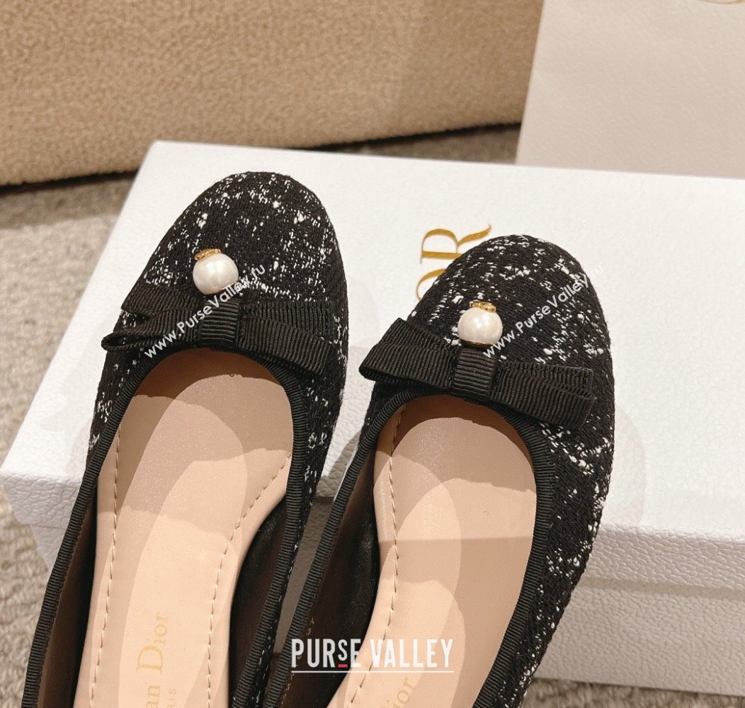 Dior Ballet Flat in Quilted Cannage Tweed with Pearl Bow Black 2024 1231 (MD-241231100)