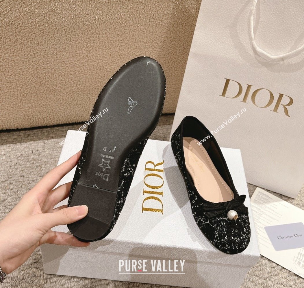 Dior Ballet Flat in Quilted Cannage Tweed with Pearl Bow Black 2024 1231 (MD-241231100)