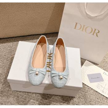 Dior Ballet Flat in Quilted Cannage Tweed with Pearl Bow Light Blue 2024 1231 (MD-241231101)