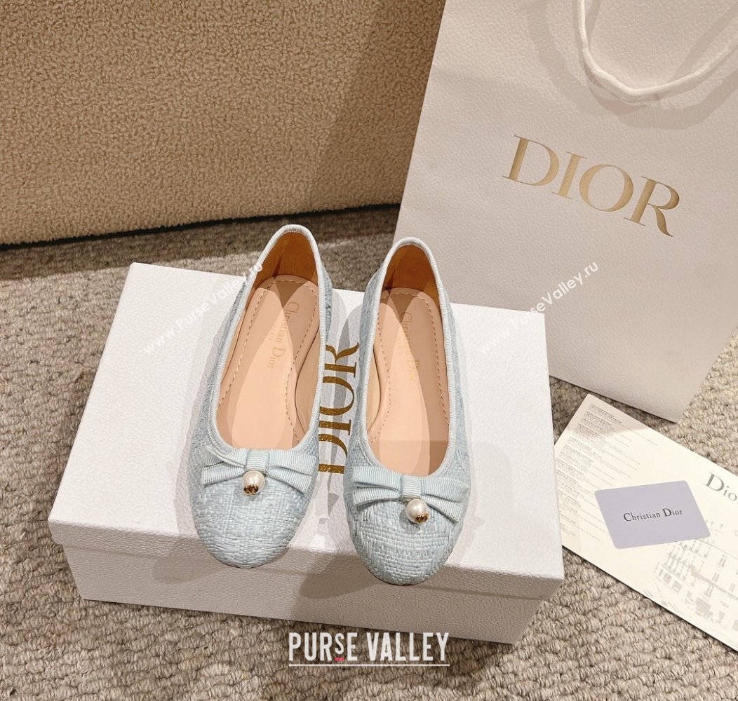 Dior Ballet Flat in Quilted Cannage Tweed with Pearl Bow Light Blue 2024 1231 (MD-241231101)