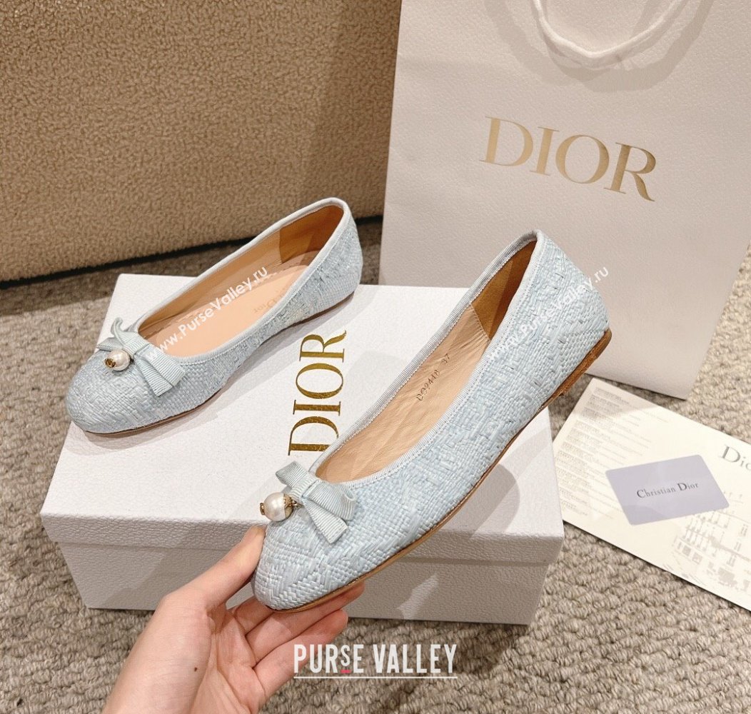 Dior Ballet Flat in Quilted Cannage Tweed with Pearl Bow Light Blue 2024 1231 (MD-241231101)