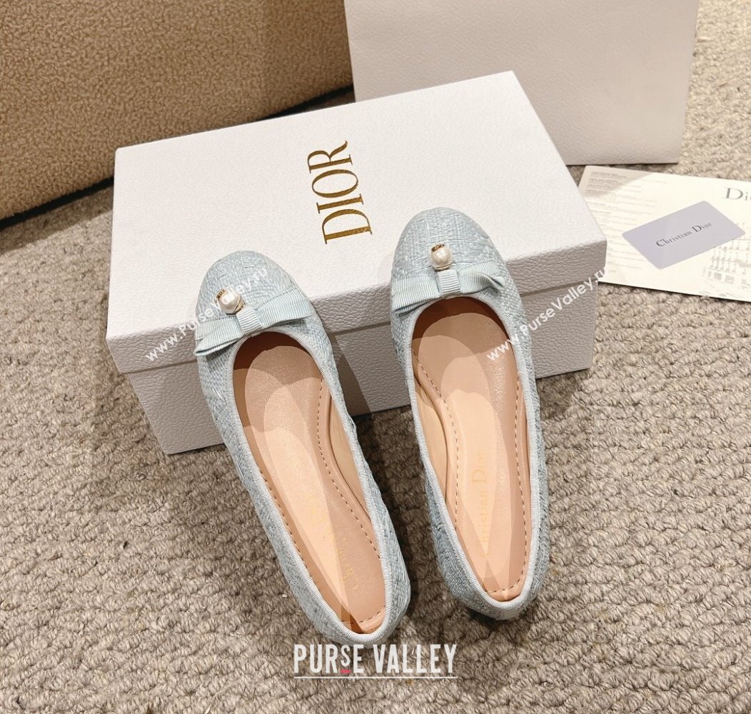 Dior Ballet Flat in Quilted Cannage Tweed with Pearl Bow Light Blue 2024 1231 (MD-241231101)