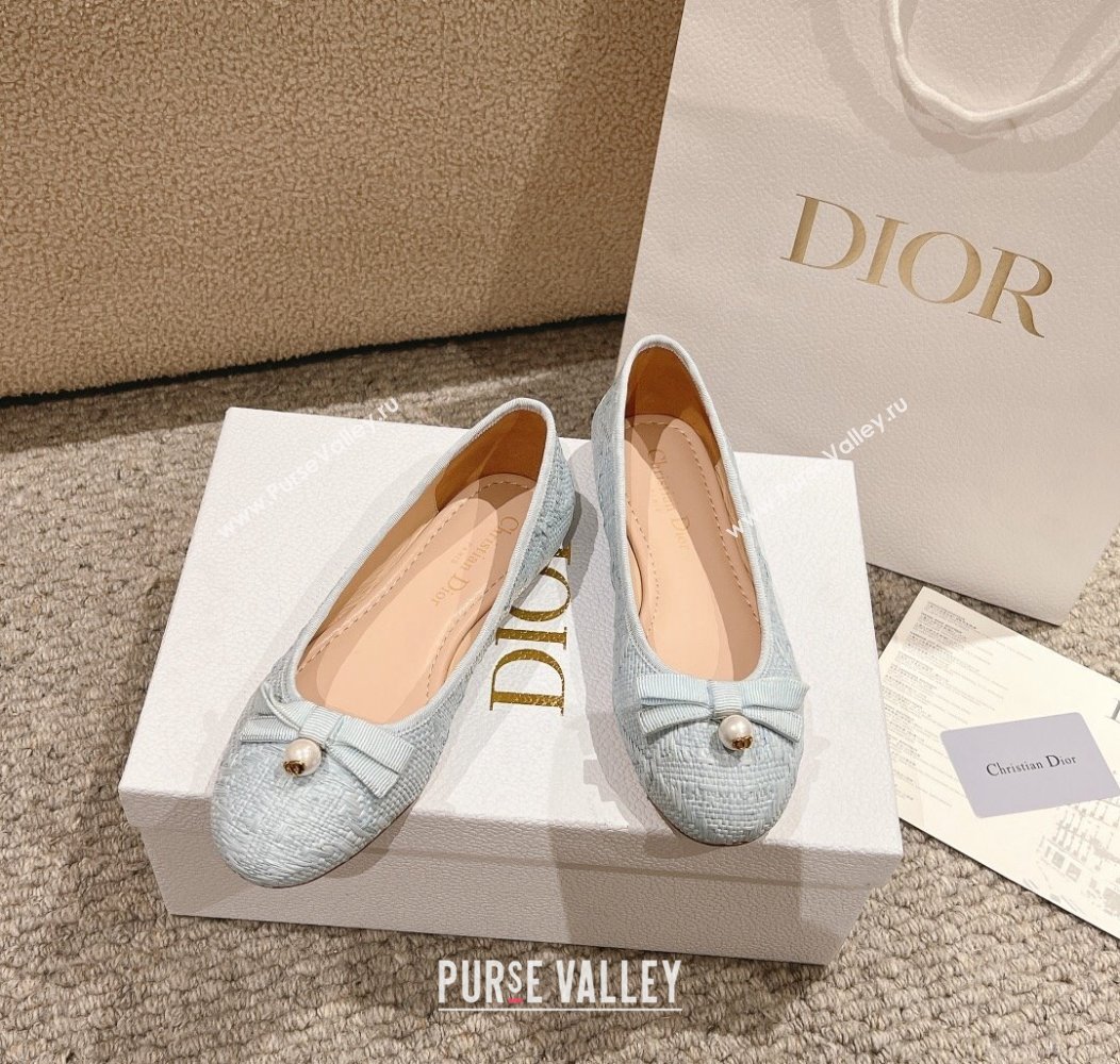 Dior Ballet Flat in Quilted Cannage Tweed with Pearl Bow Light Blue 2024 1231 (MD-241231101)