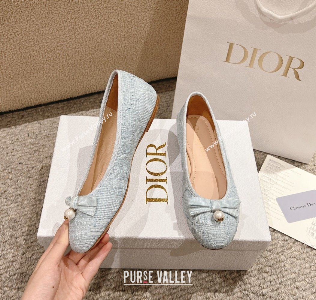 Dior Ballet Flat in Quilted Cannage Tweed with Pearl Bow Light Blue 2024 1231 (MD-241231101)