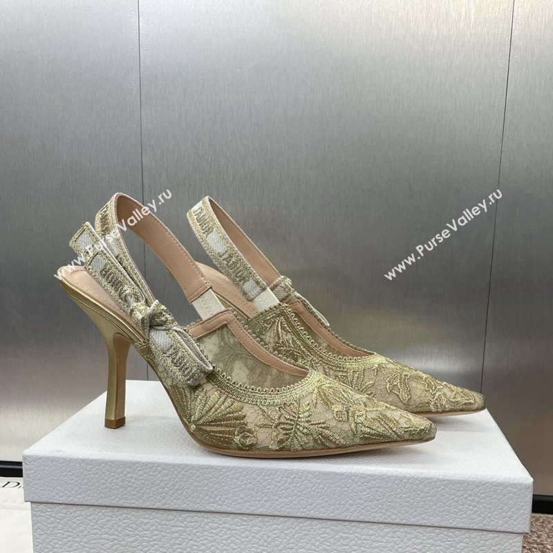 Dior JAdior Slingback Pumps 9.5cm in Transparent Mesh with Gold-Tone Chardons Embroidery 2024 (JC-241231037)