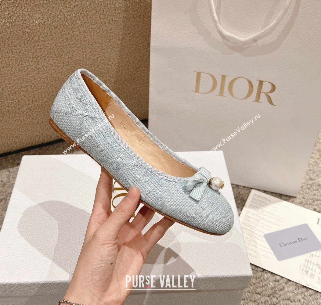 Dior Ballet Flat in Quilted Cannage Tweed with Pearl Bow Light Blue 2024 1231 (MD-241231101)