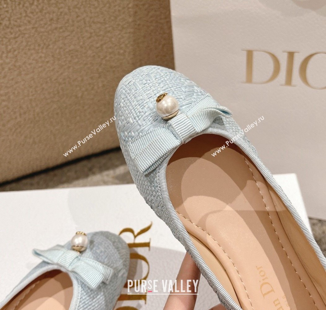 Dior Ballet Flat in Quilted Cannage Tweed with Pearl Bow Light Blue 2024 1231 (MD-241231101)