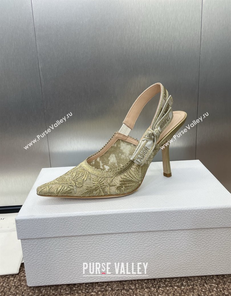 Dior JAdior Slingback Pumps 9.5cm in Transparent Mesh with Gold-Tone Chardons Embroidery 2024 (JC-241231037)