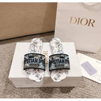 Dior Dway Flat Slides Sandal in White and Blue Embroidered Cotton with Pietro Ruffos Dior Chardons Motif 2024 (MD-241231002)
